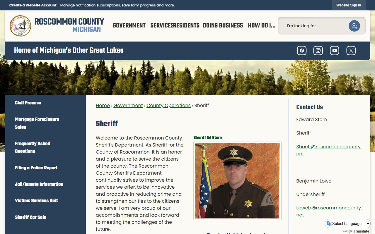 Roscommon County Sheriff's Office website for police blotter records access