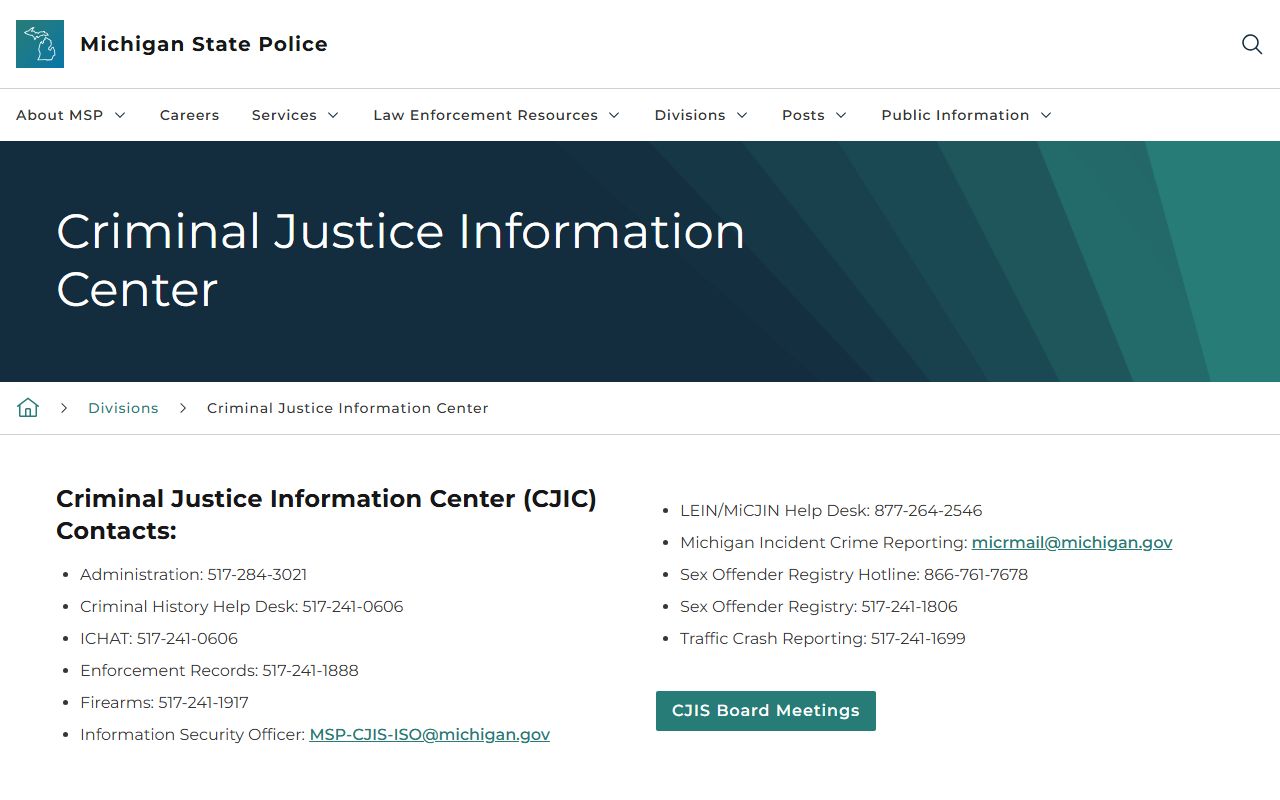 Michigan Criminal Justice Information Center for police records and blotter data
