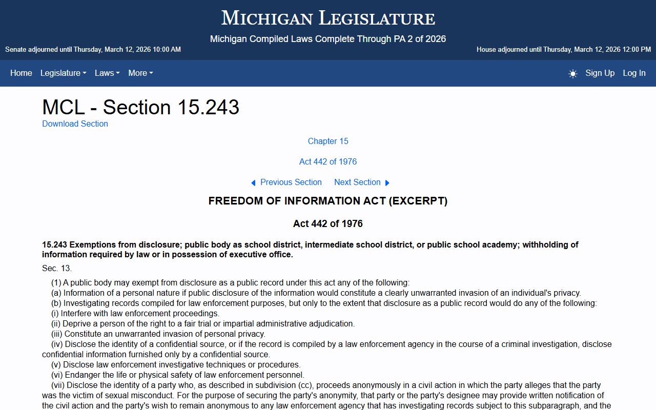 Michigan FOIA exemptions for police blotter records under MCL 15.243