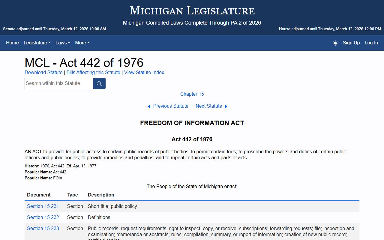 Michigan FOIA Act statute page for requesting police blotter records