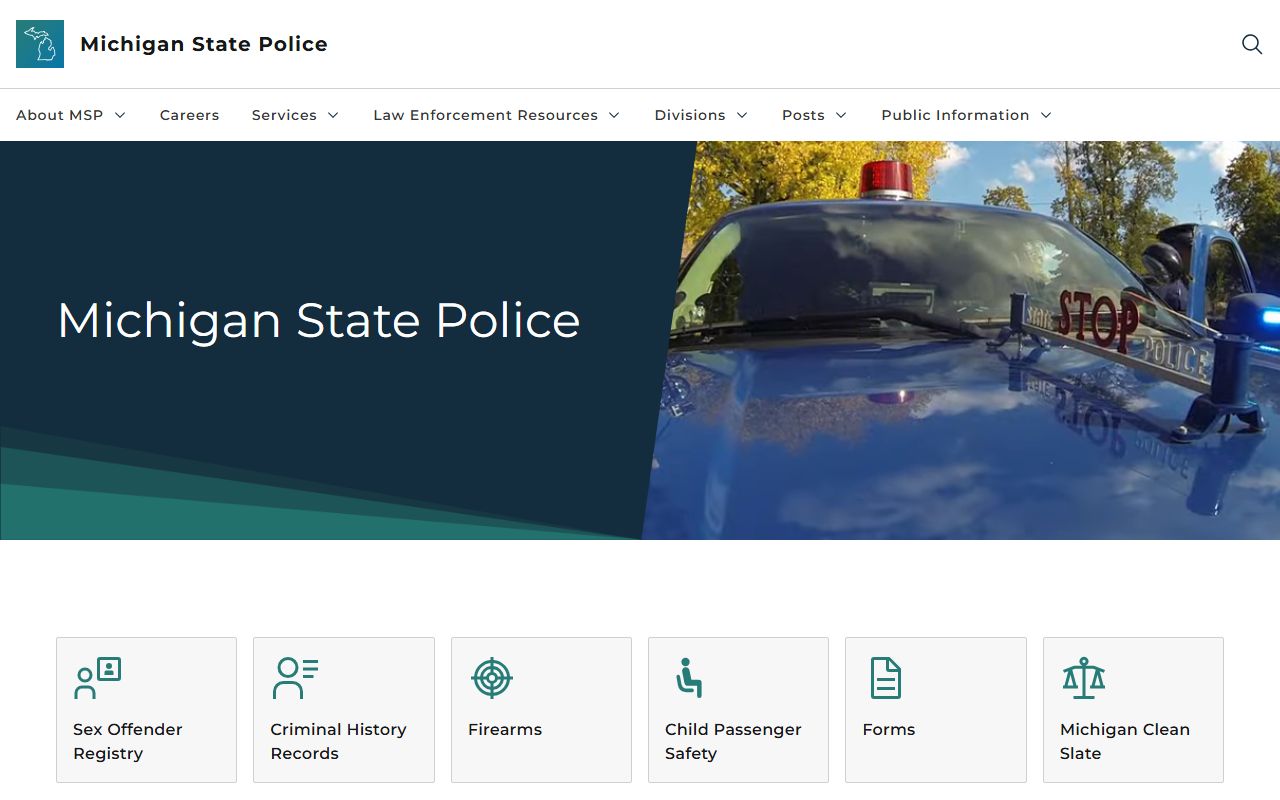 Michigan State Police homepage for police blotter records