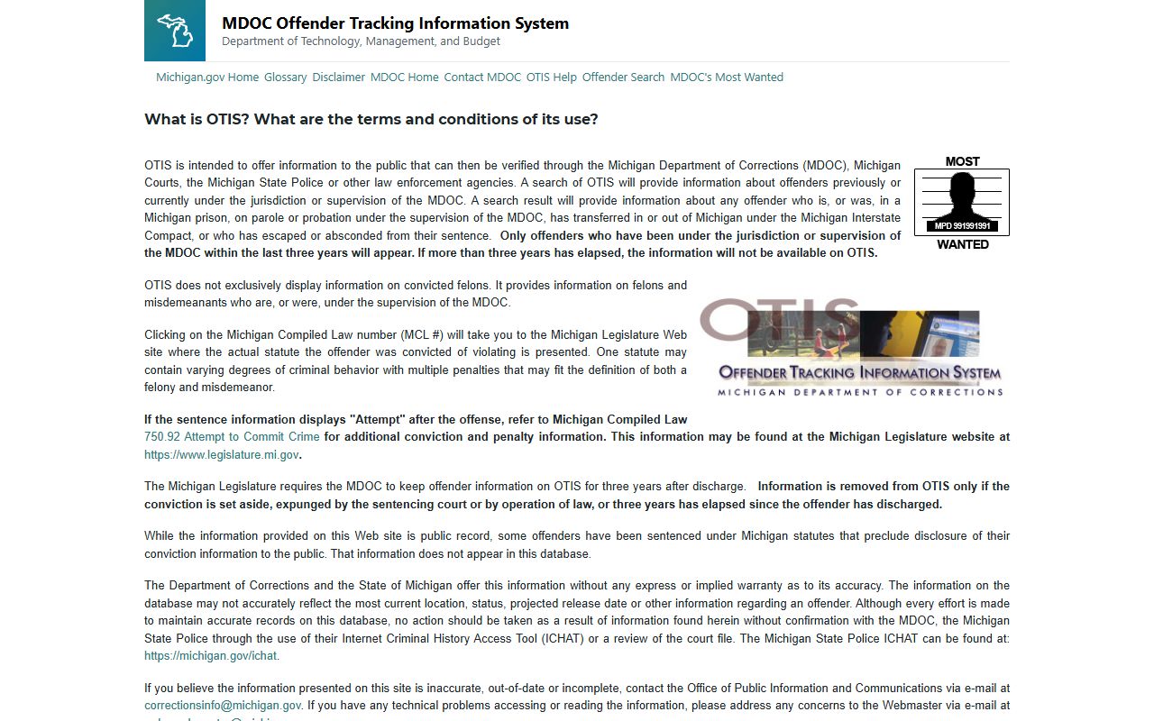 Michigan OTIS offender tracking system for police blotter and corrections records